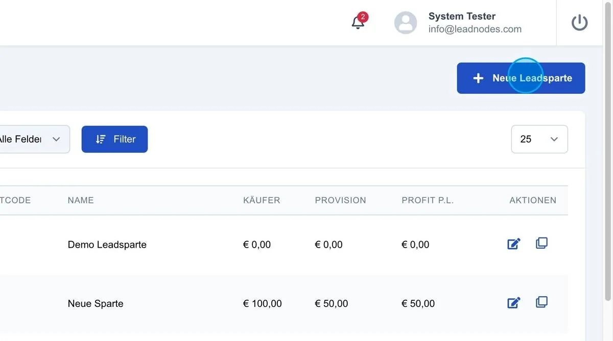 Screenshot: Neue Leadsparte