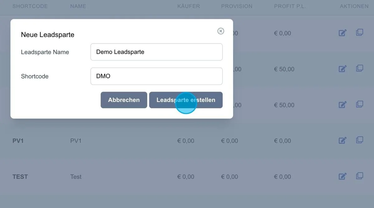 Screenshot: Leadsparte Erstellen