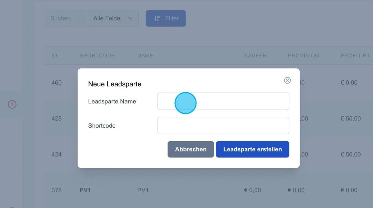 Screenshot: Neue Leadsparte