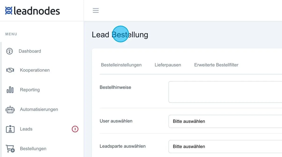 Screenshot: Lead Bestellung (Bestelleinstellungen)