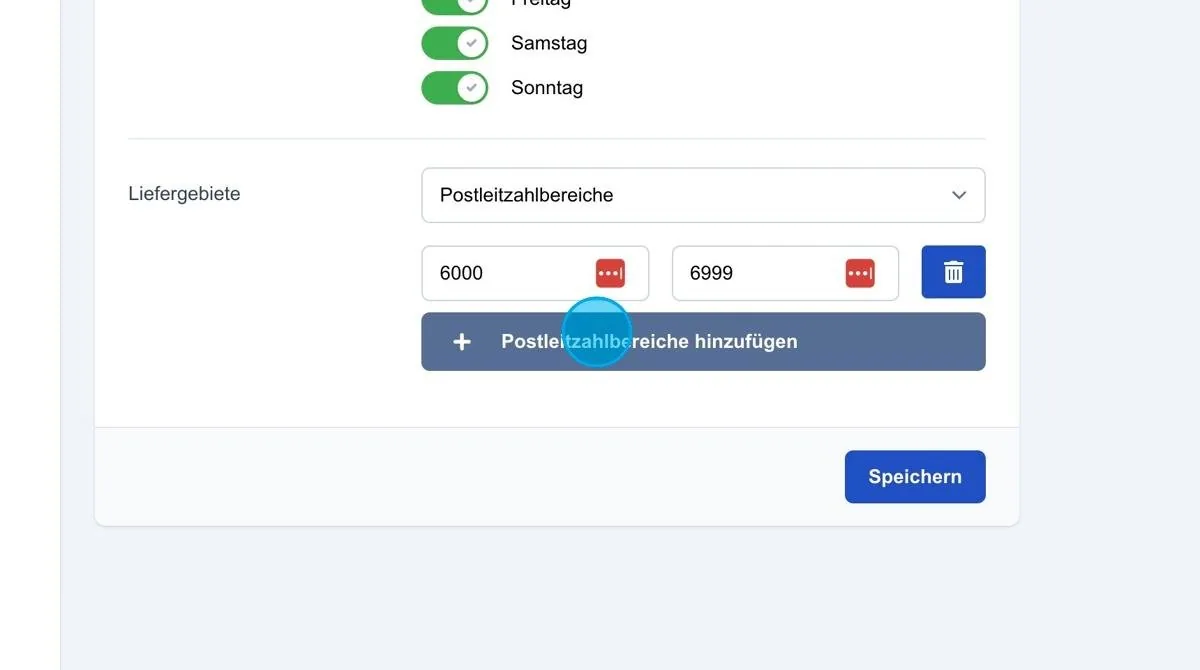 Screenshot: Liefergebiete – Postleitzahlenbereich