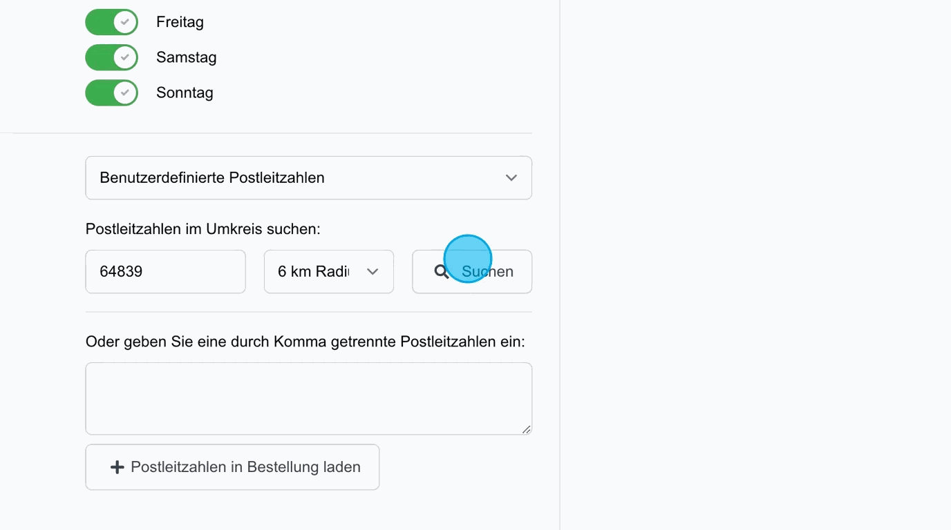 Screenshot: Liefergebiete – Definierte Postleitzahlen