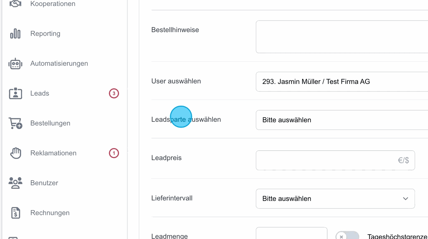 Screenshot: Leadsparte auswählen