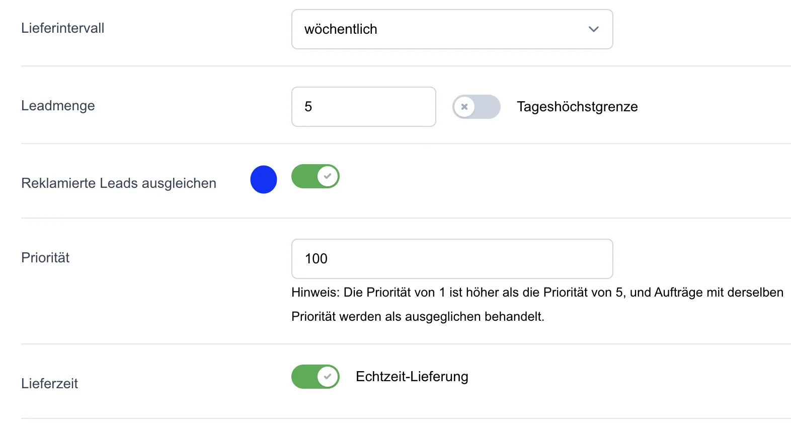 Screenshot: Reklamierte Leads ausgleichen