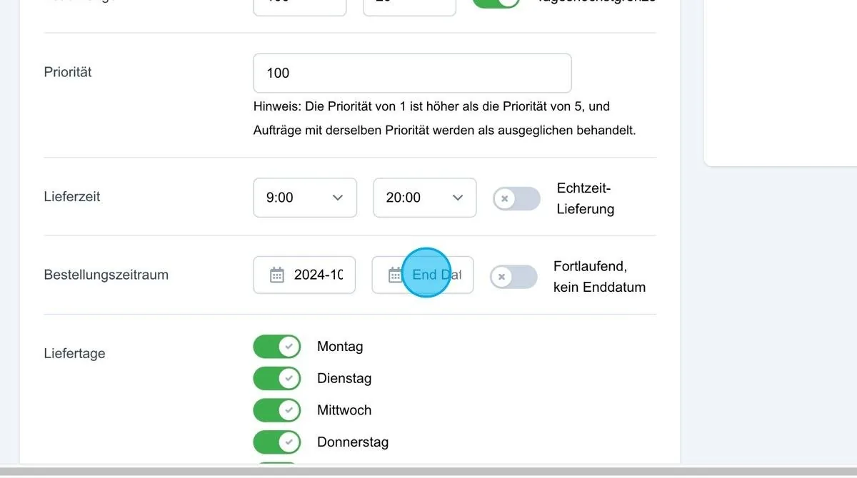 Screenshot: Bestellzeitraum mit Enddatum