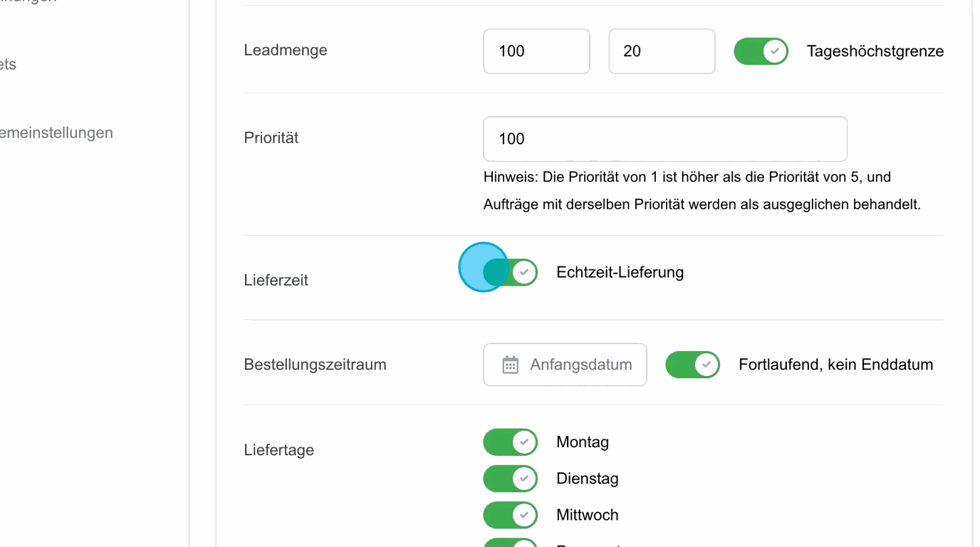 Screenshot: Lieferzeit