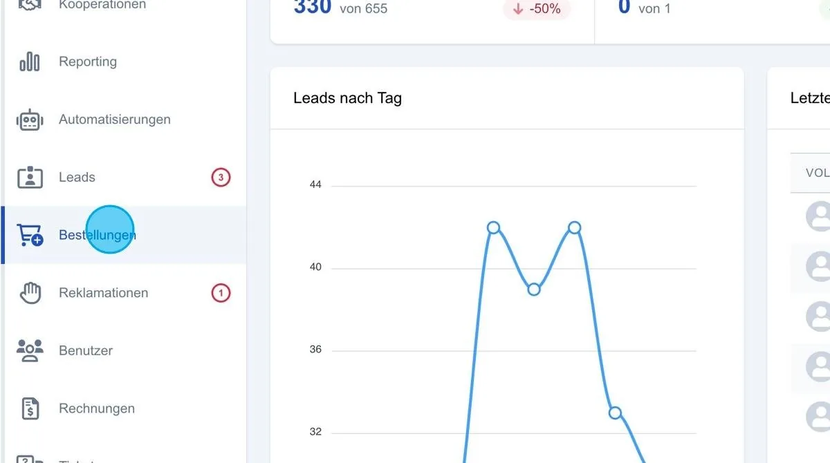 Screenshot: Lead Bestellungen