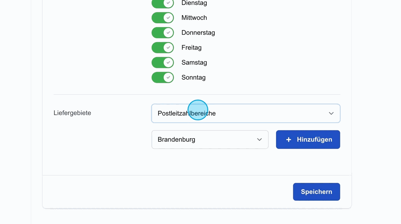 Screenshot: Liefergebiete – Postleitzahlenbereich