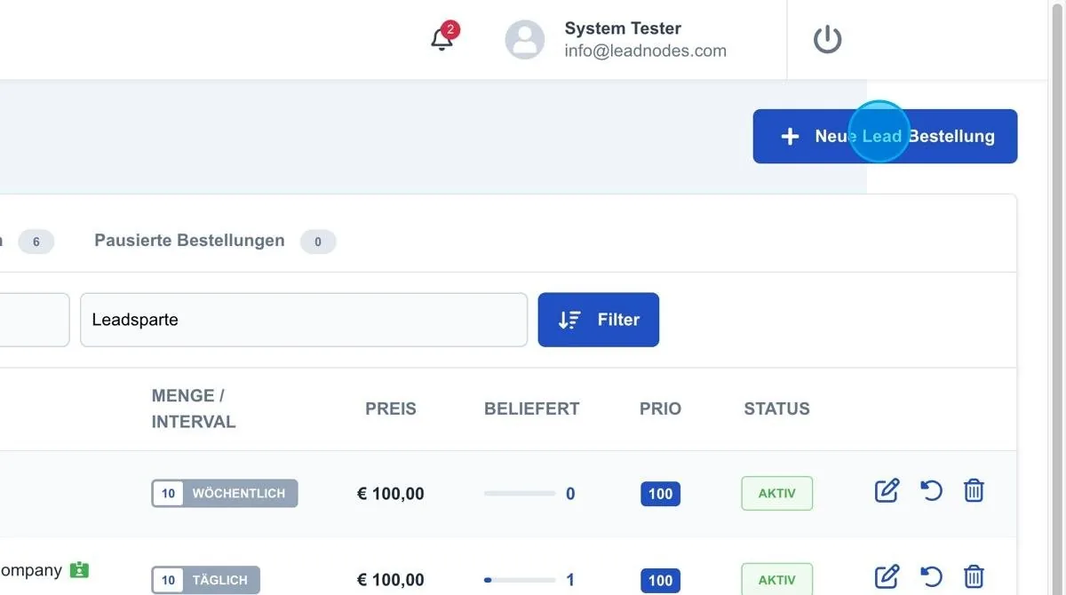 Screenshot: Neue Lead Bestellung