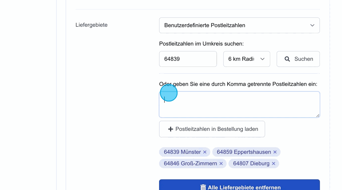 Screenshot: Liefergebiete – Definierte Postleitzahlen