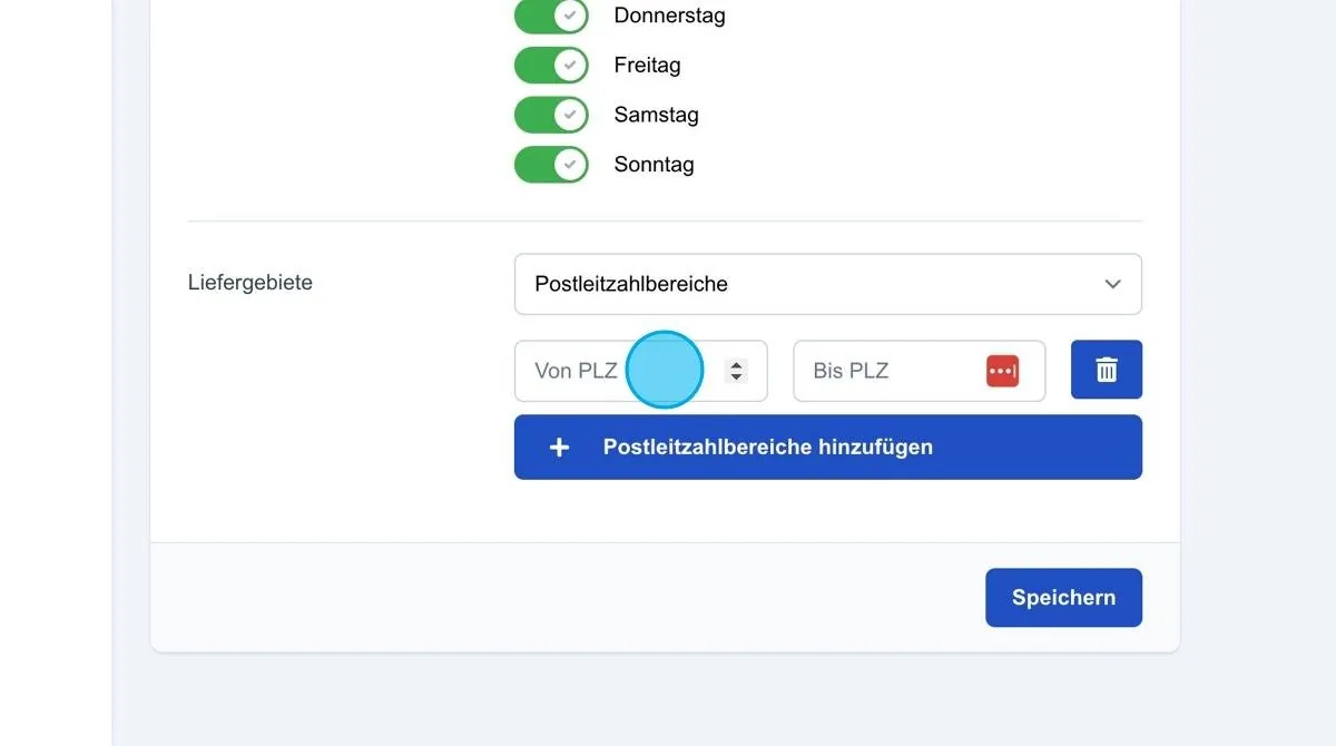 Screenshot: Liefergebiete – Postleitzahlenbereich