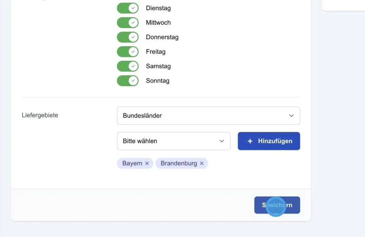 Screenshot: Liefergebiete – Definierte Postleitzahlen