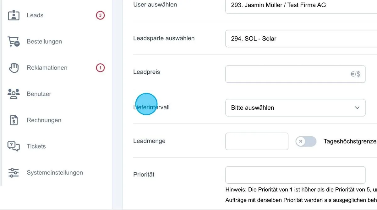 Screenshot: Lieferintervall