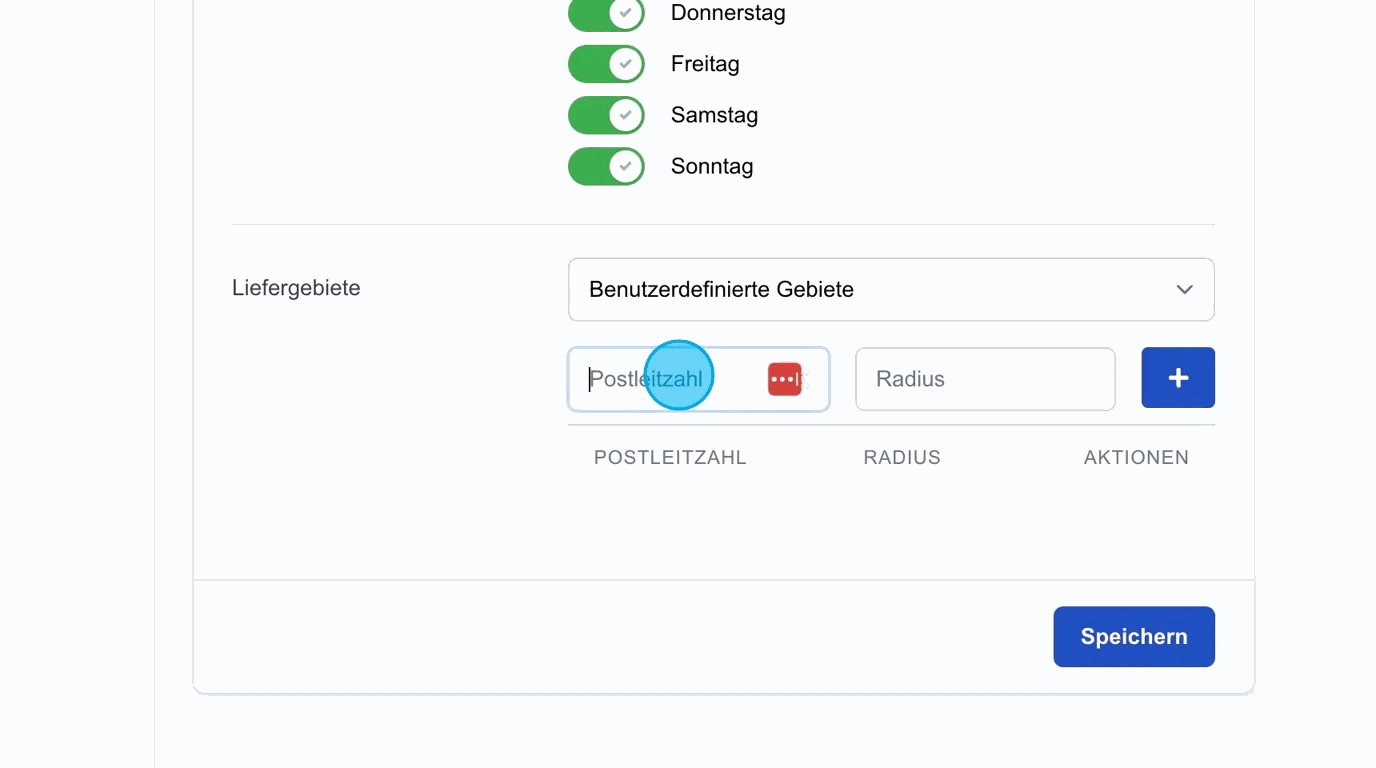 Screenshot: Liefergebiete – Benutzerdefinierte Gebiete
