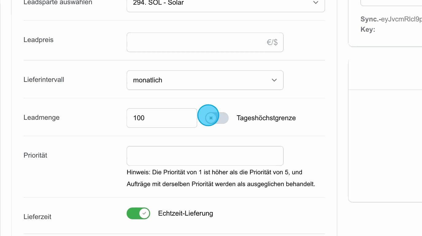 Screenshot: Tageshöchstgrenze bei der Leadmenge