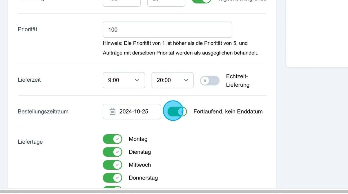 Screenshot: Bestellzeitraum