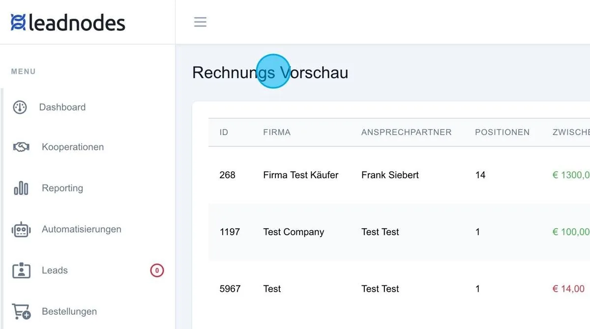 Screenshot: Rechnungsvorschau