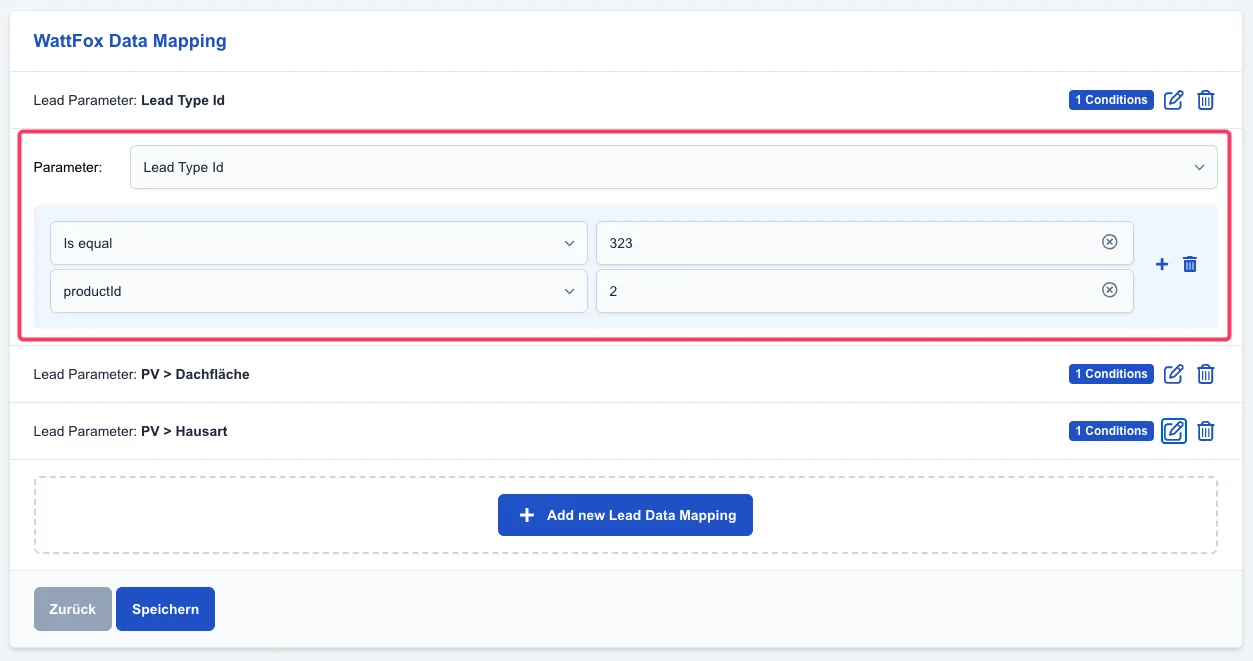 Screenshot: Benutzerdefinierte Leaddaten