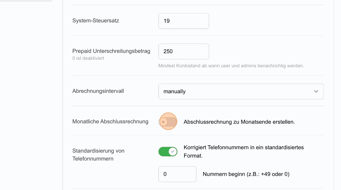 Screenshot: Monatliche Abschlussrechnung
