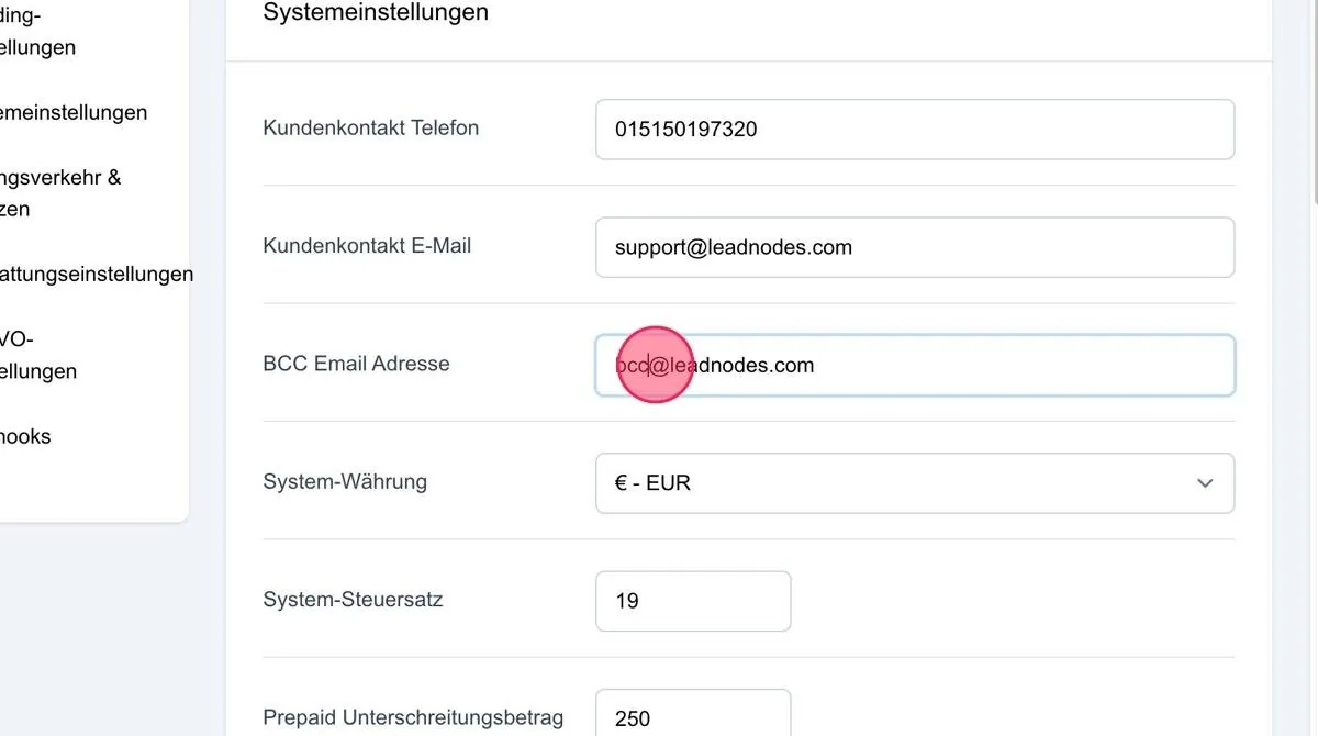 Screenshot: BCC Email Adresse