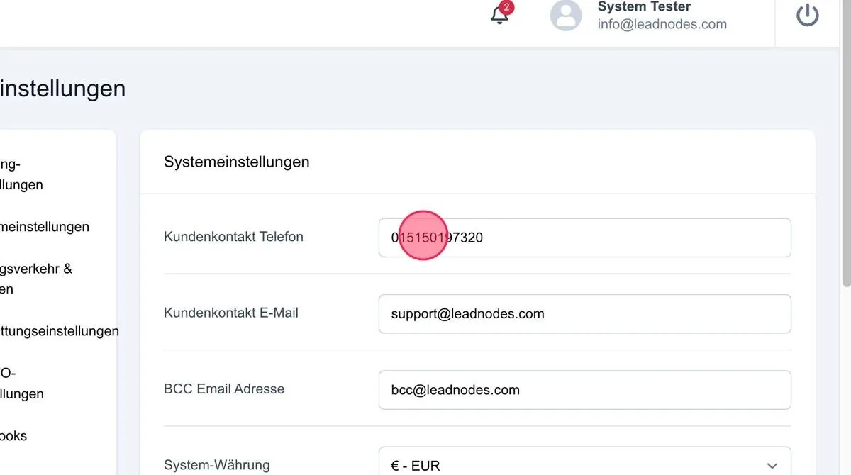 Screenshot: Kundenkontakt-Telefon