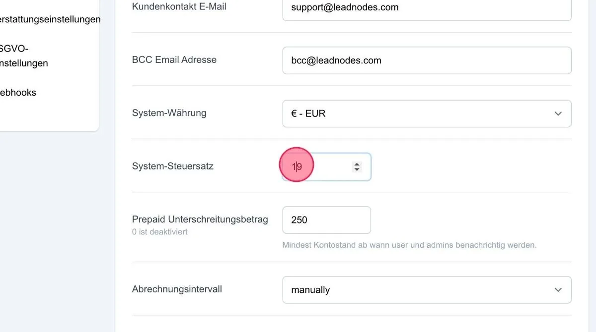 Screenshot: System-Steuersatz
