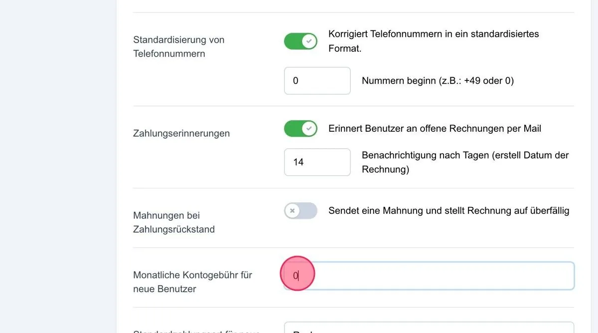 Screenshot: Monatliche Kontogebühr für neue Benutzer