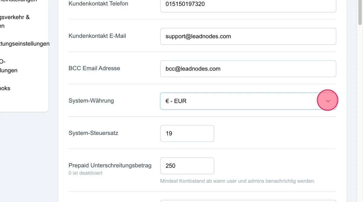 Screenshot: System-Währung