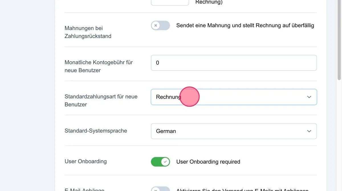 Screenshot: Standardzahlungsart für Benutzer