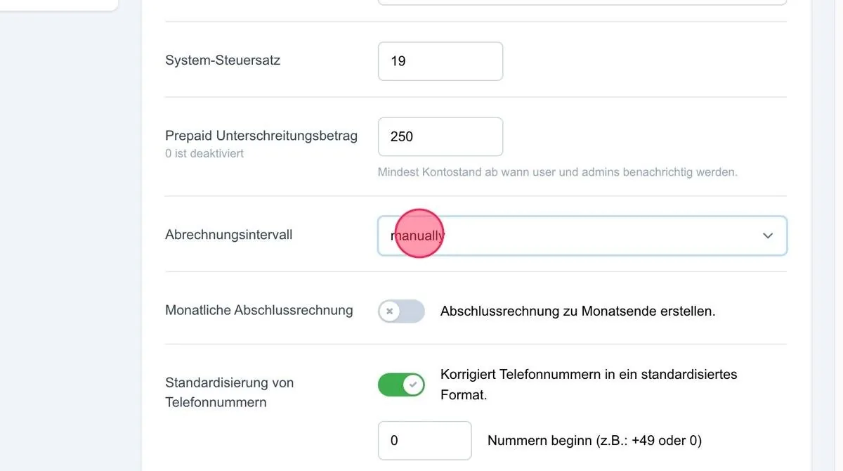 Screenshot: Abrechnungsintervall
