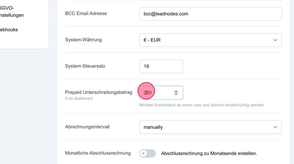 Screenshot: Prepaid Unterschreitungsbetrag