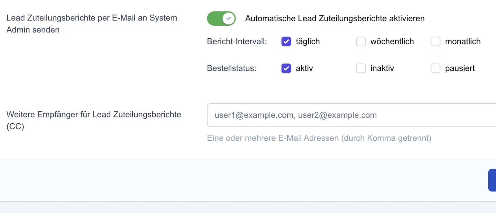 Screenshot: Lead Zuteilungsberichte per E-Mail an System Admin senden