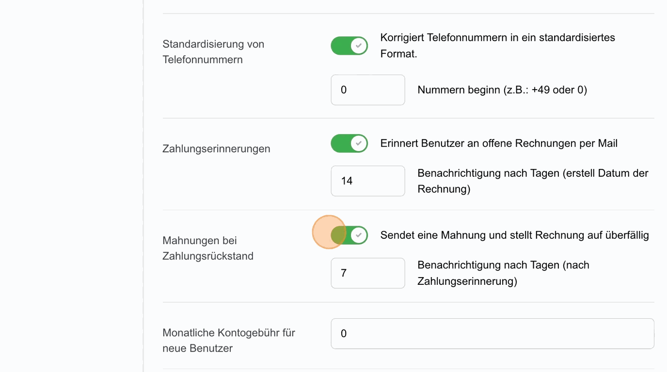 Screenshot: Mahnungen bei Zahlungsrückstand