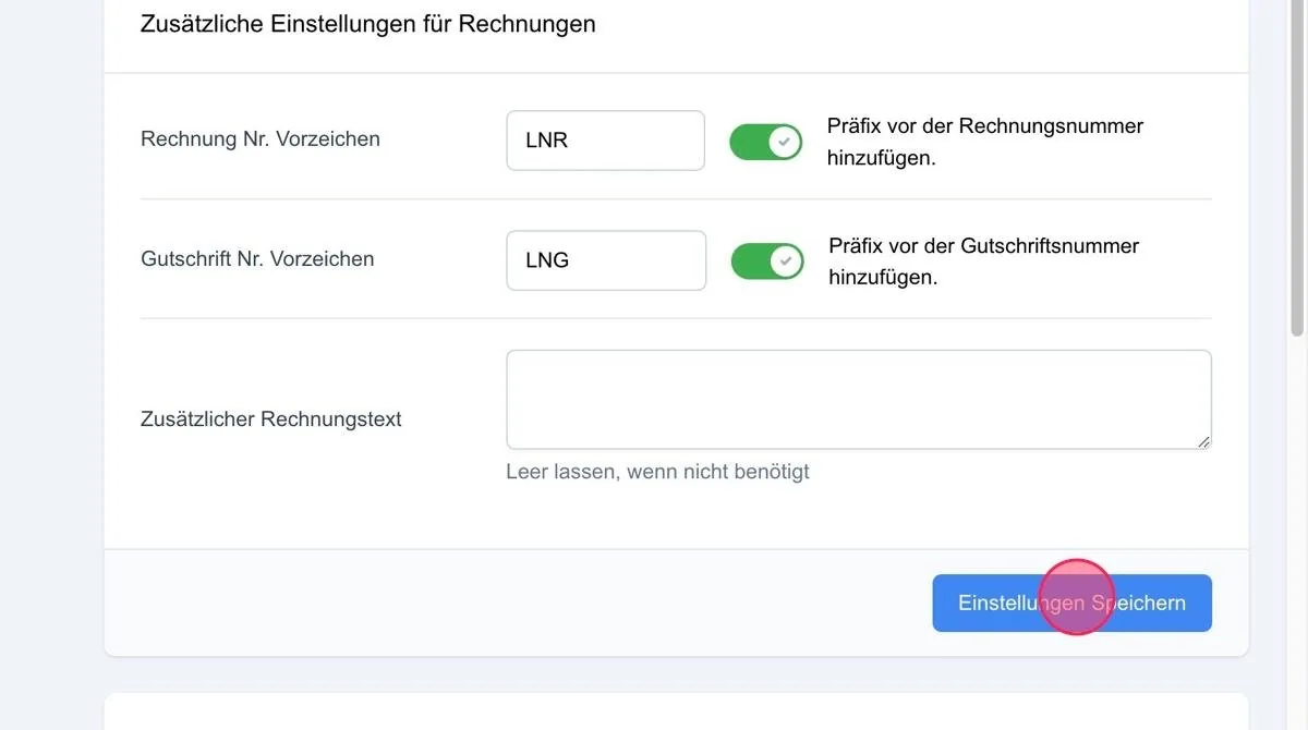 Screenshot: Zusätzlicher Rechnungstext