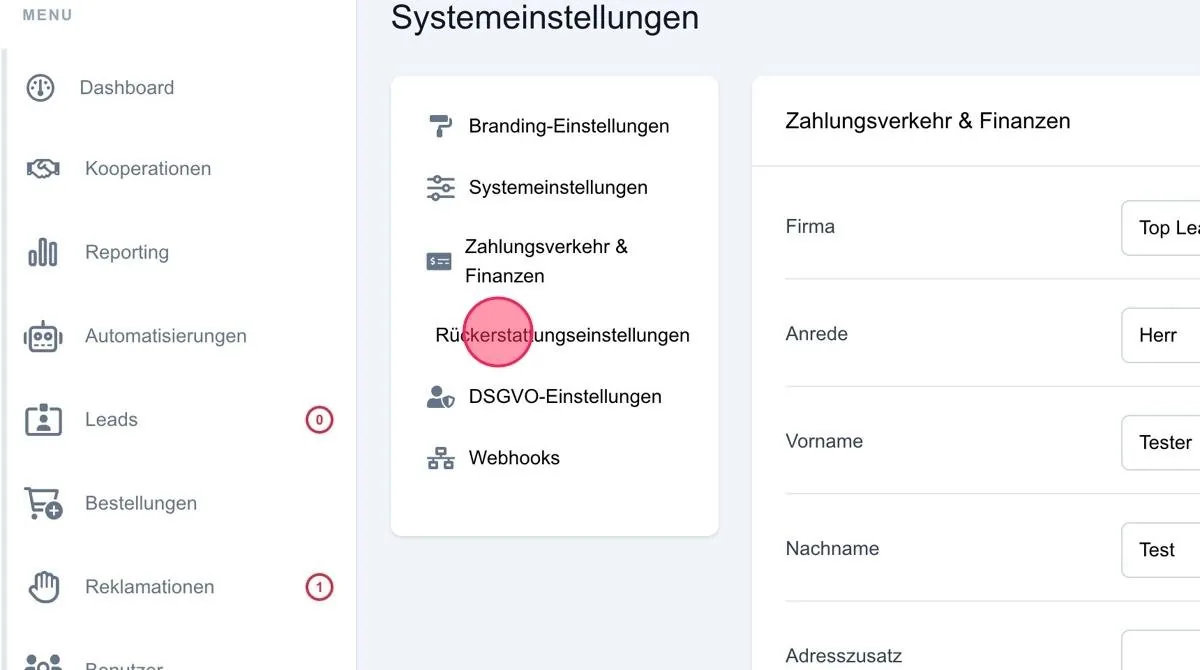 Screenshot: Rückerstattungseinstellungen für das System
