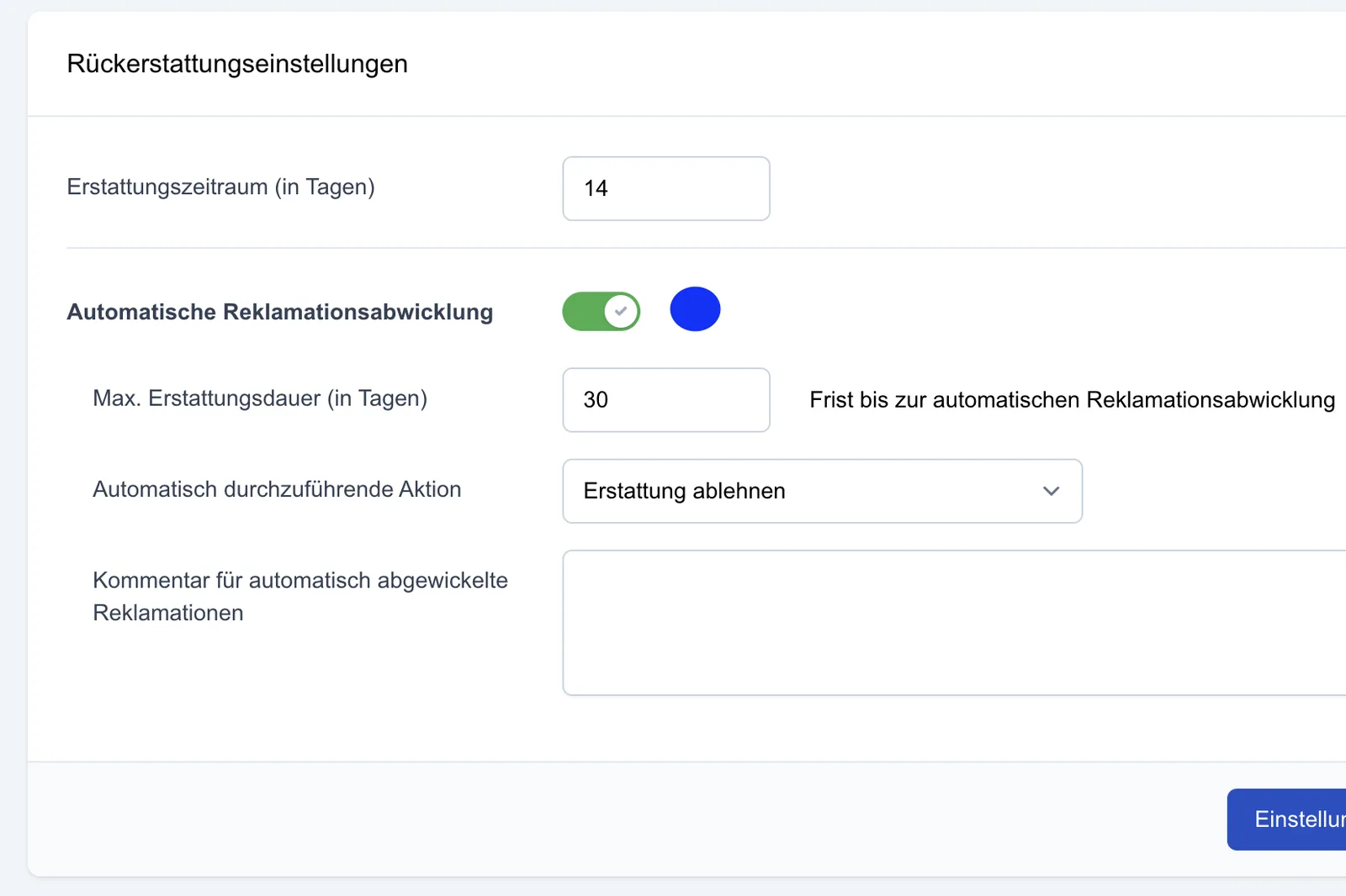 Screenshot: Automatische Reklamationsannahme