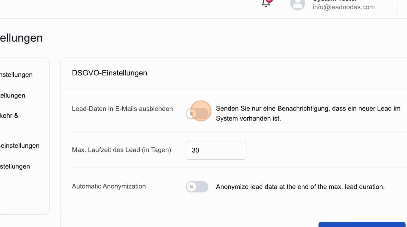 Screenshot: Lead-Daten in E-Mails ausblenden