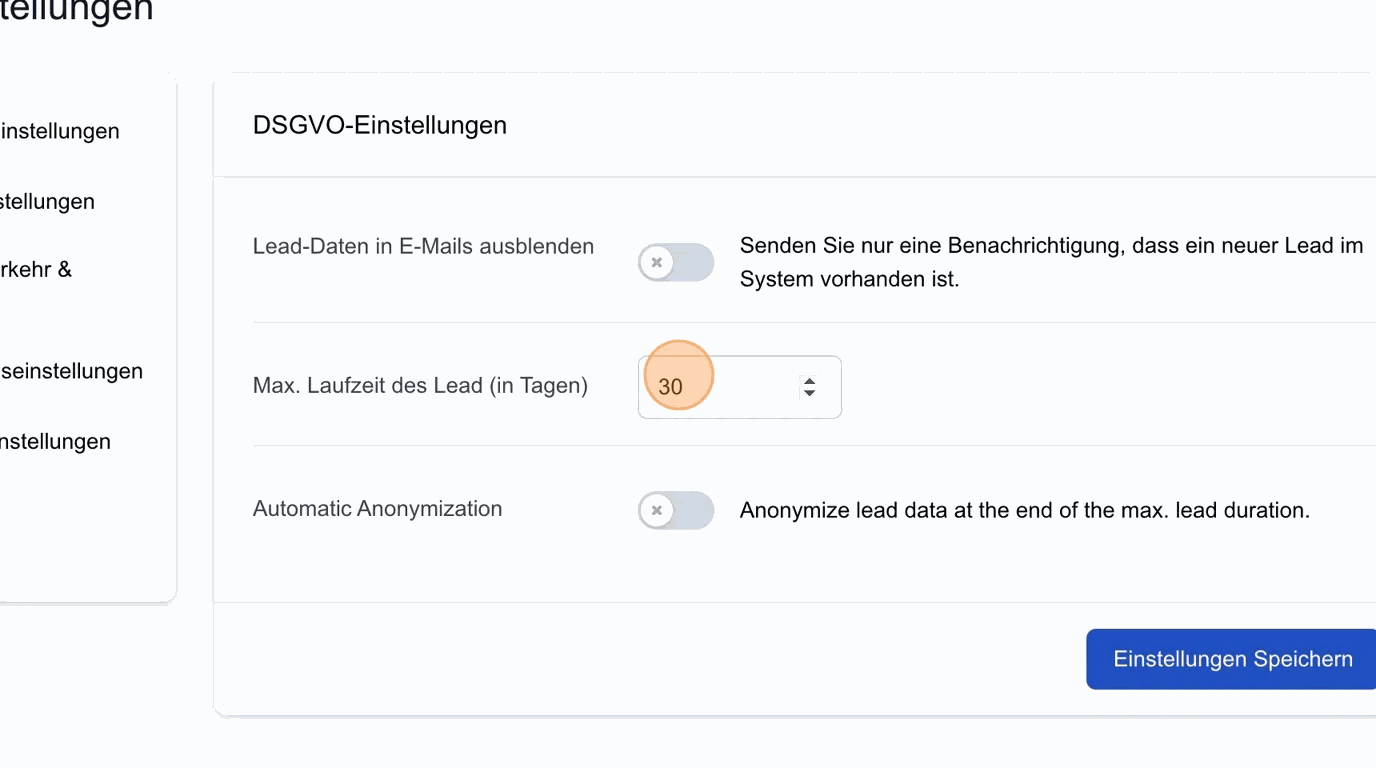 Screenshot: Max. Laufzeit des Lead (in Tagen)
