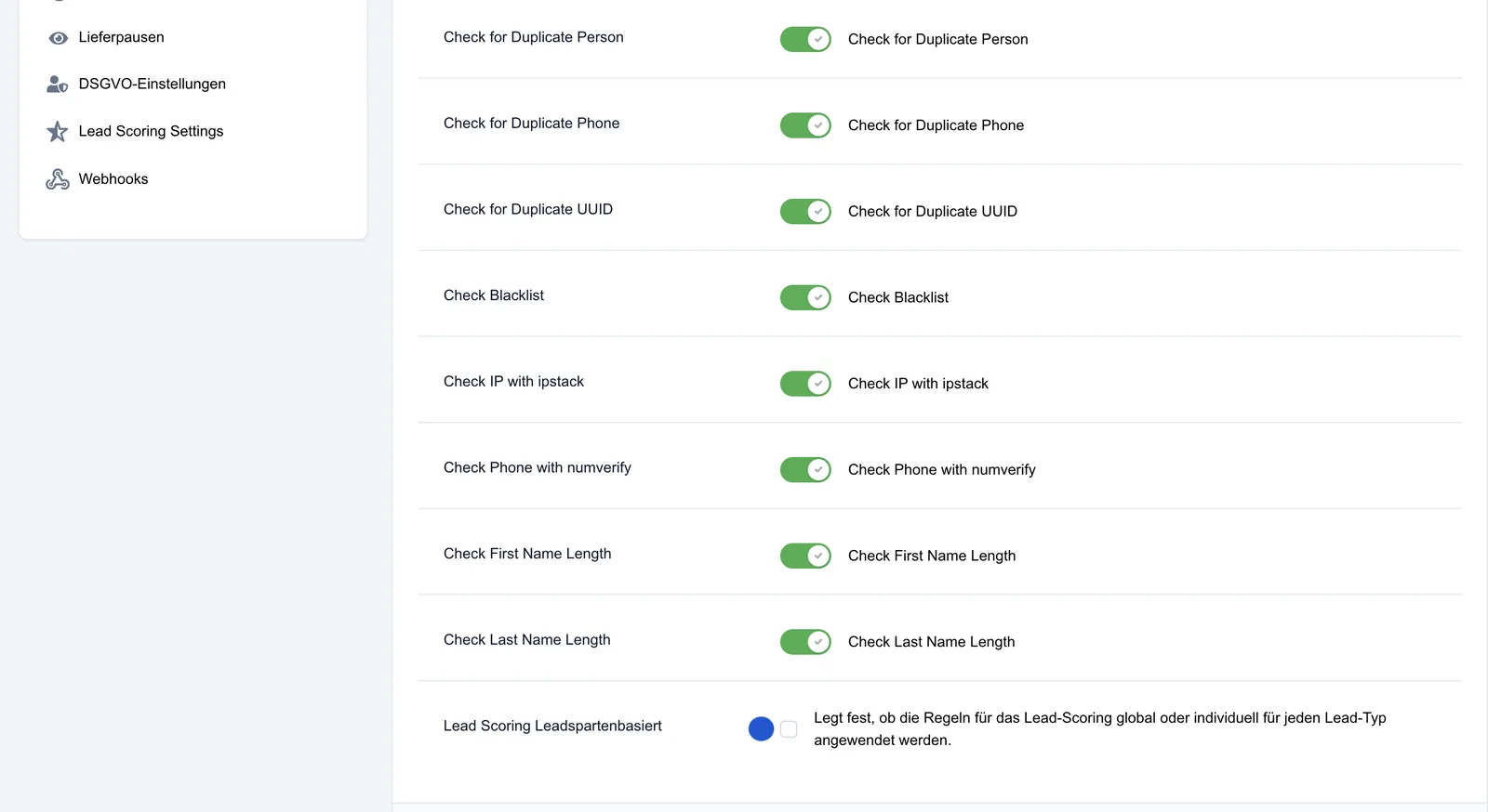 Screenshot: Lead Scoring Settings
