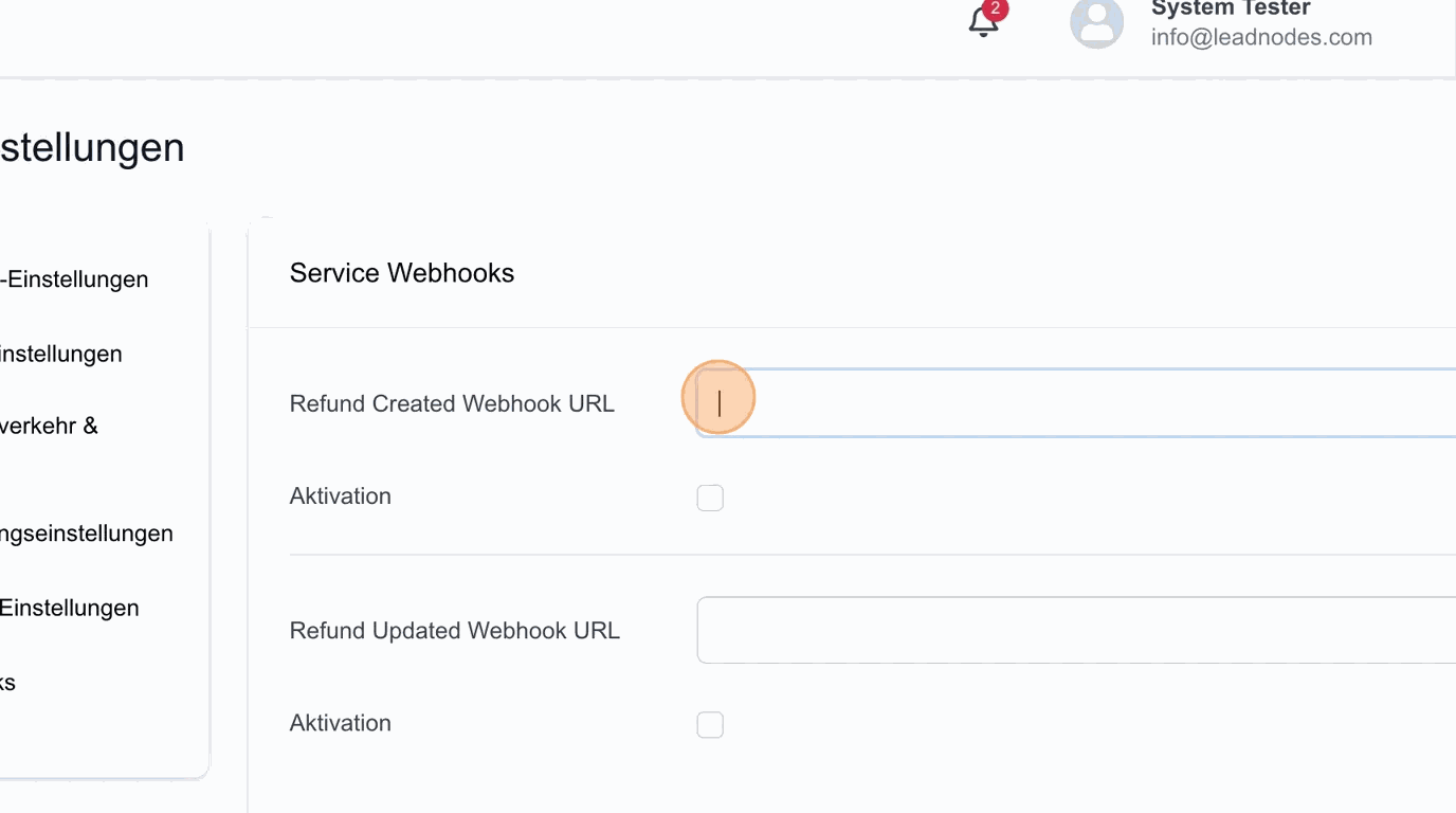 Screenshot: Refund Created Webhook URL
