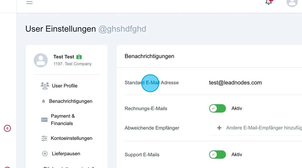 Screenshot: Standard E-Mail Adresse