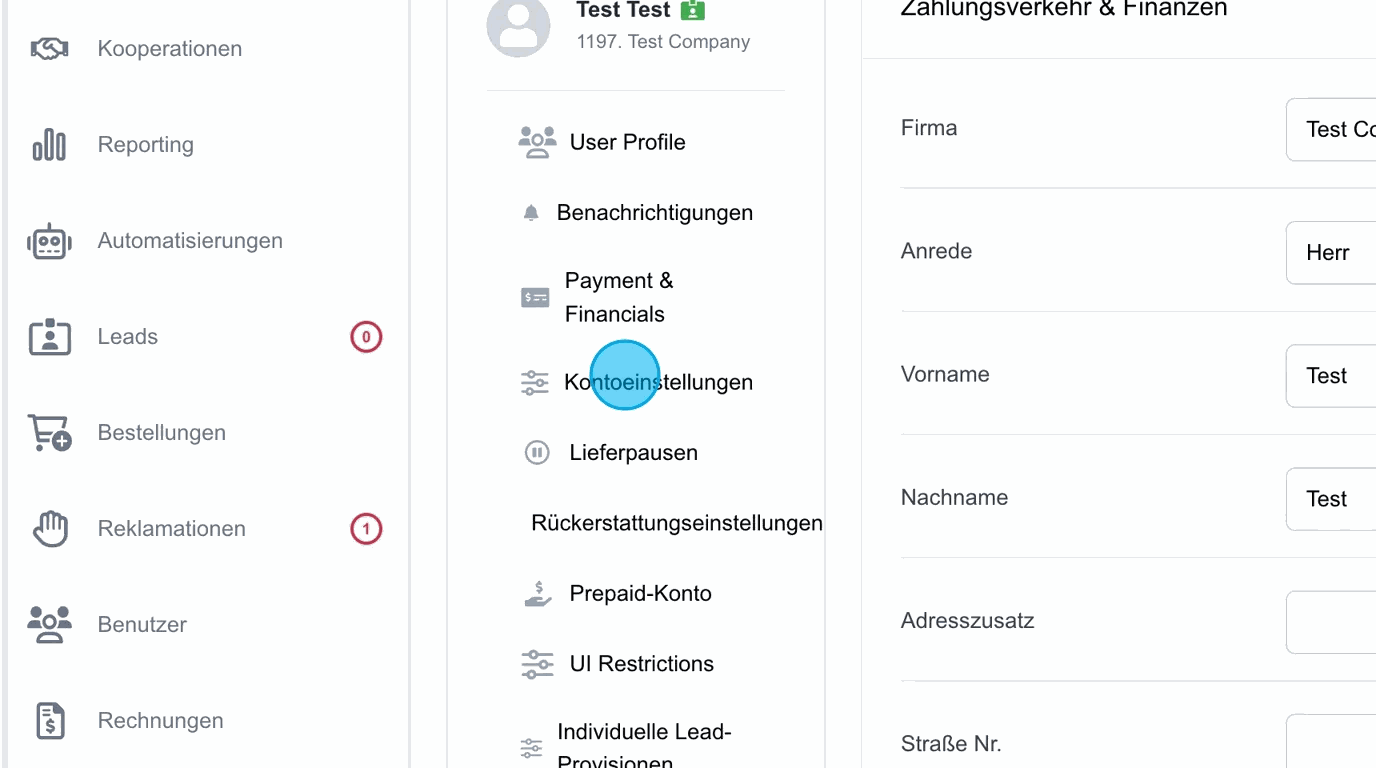 Screenshot: Kontoeinstellungen