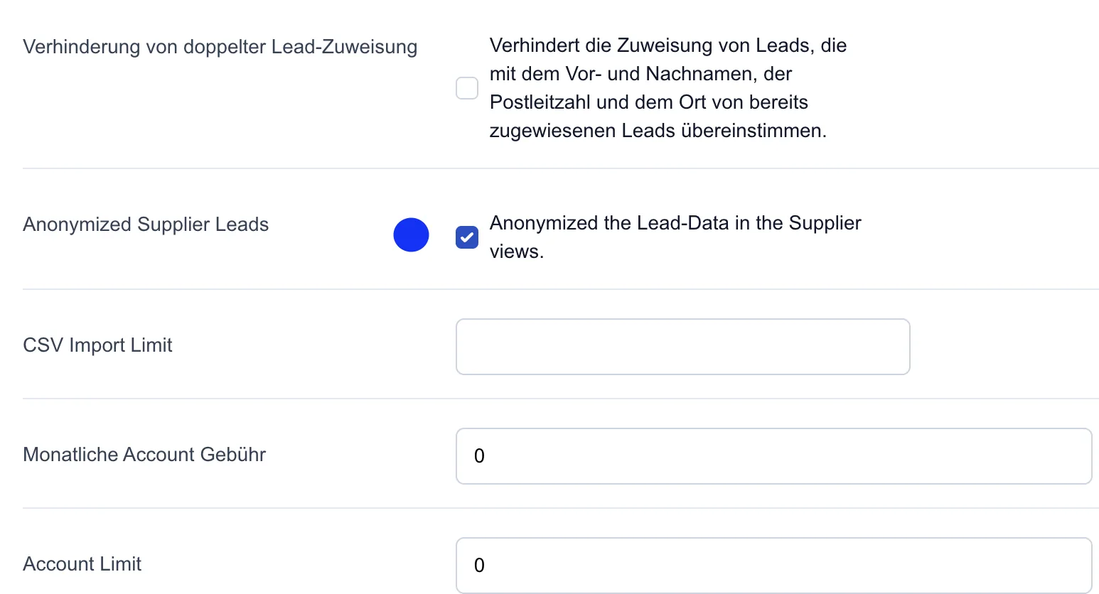 Screenshot: Anonymized Supplier Leads