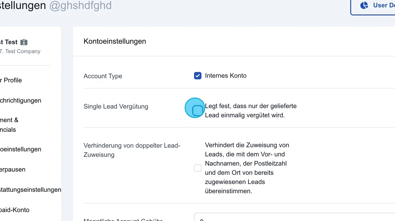 Screenshot: Single Lead Vergütung