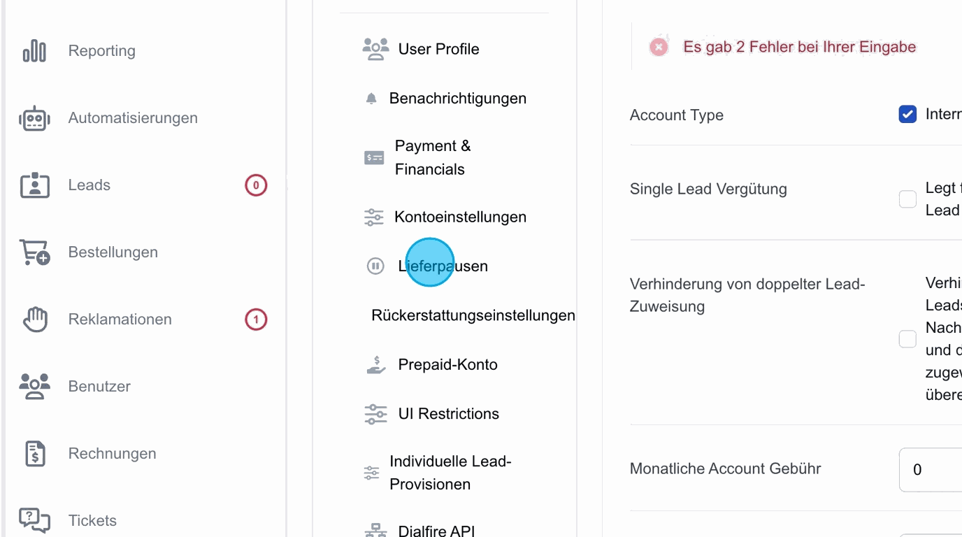 Screenshot: Lieferpausen für einen Benutzer