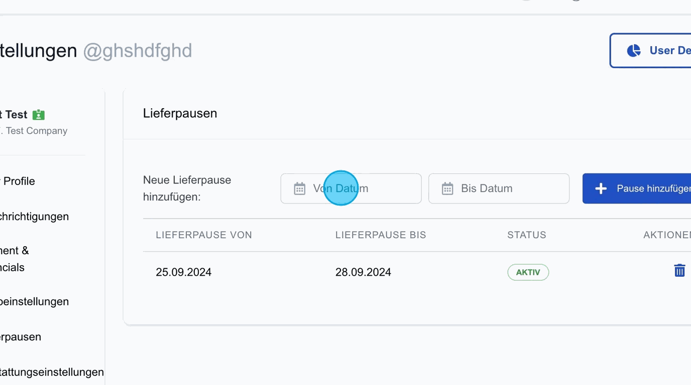 Screenshot: Neue Lieferpause hinzufügen