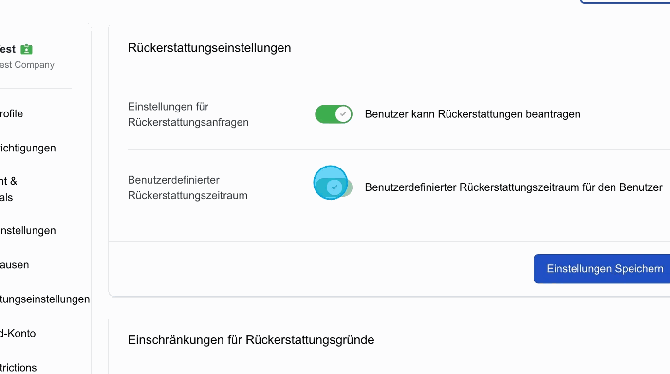 Screenshot: Benutzerdefinierter Rückerstattungszeitraum