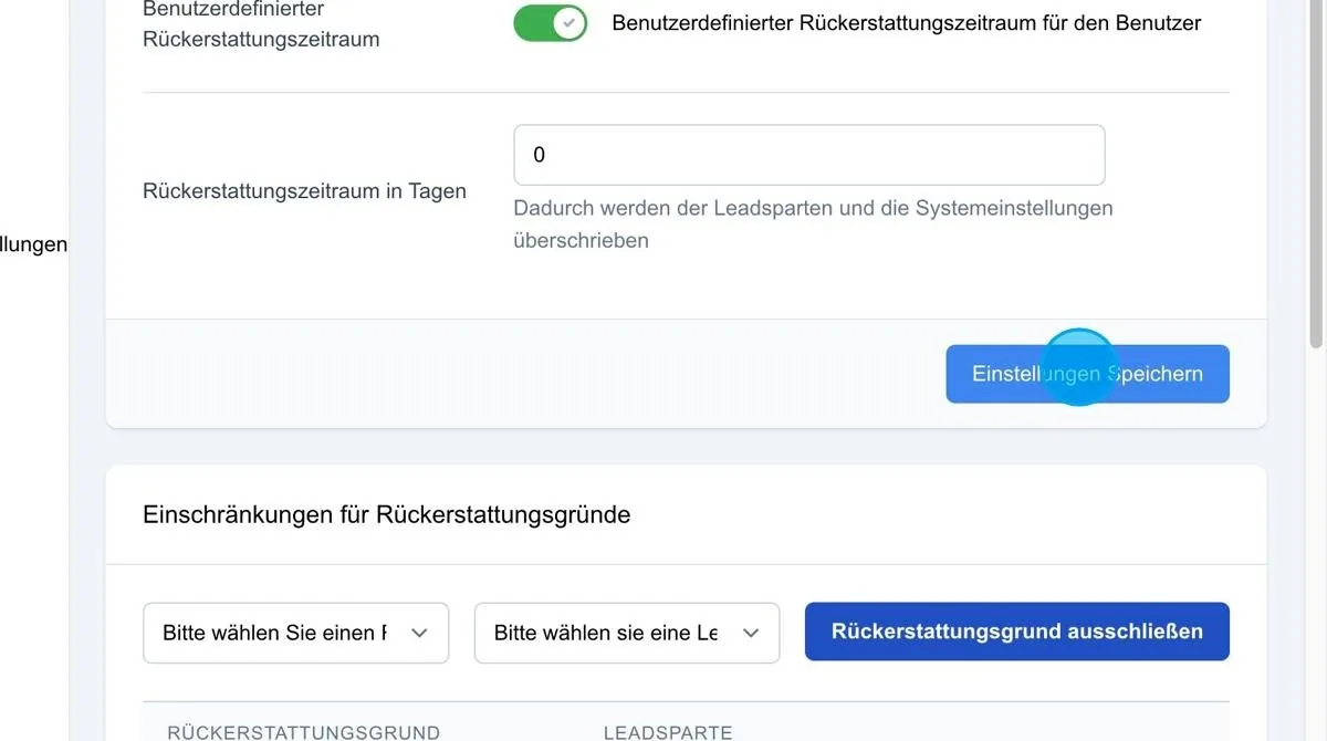 Screenshot: Rückerstattungszeitraum in Tagen