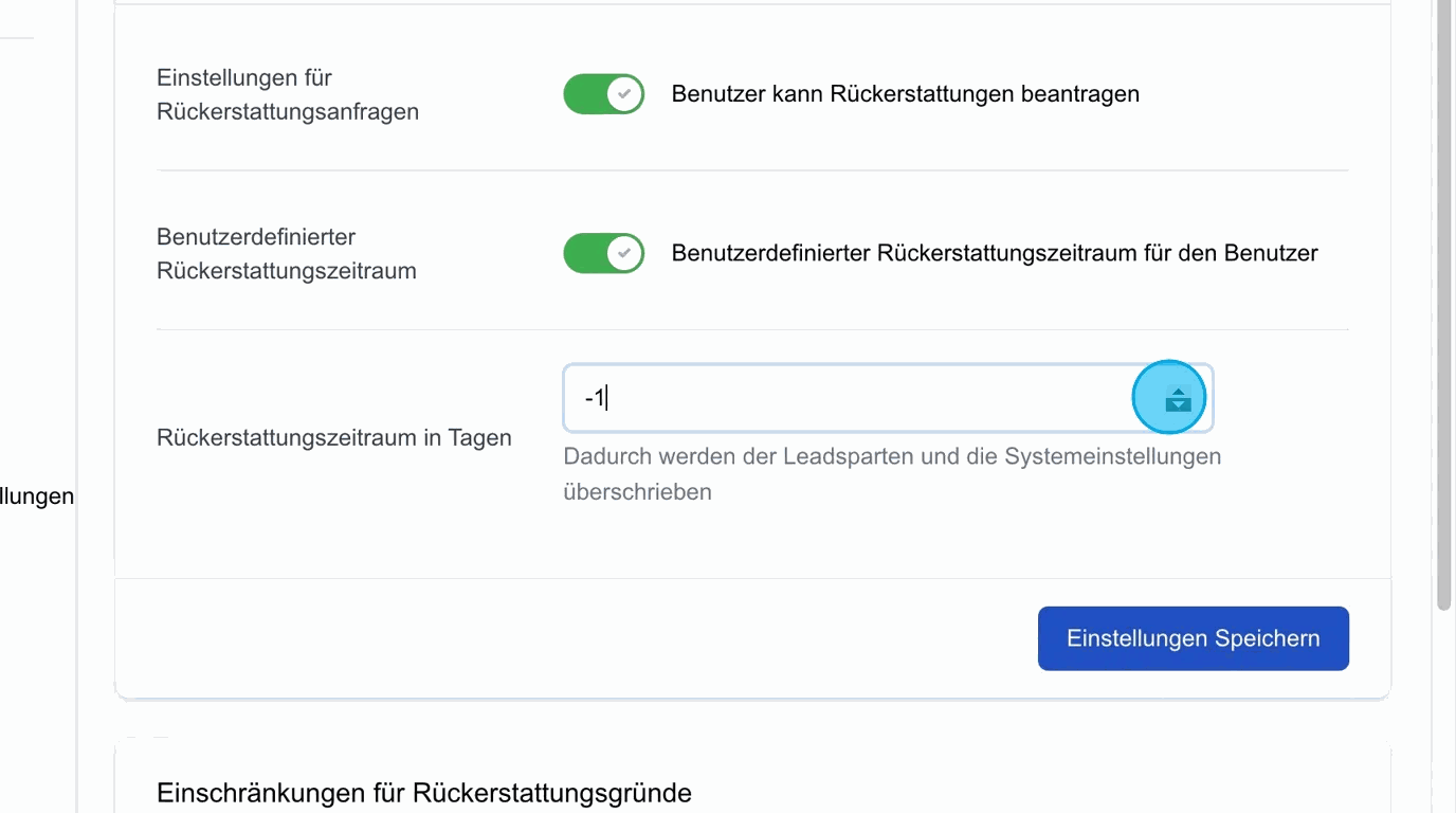 Screenshot: Rückerstattungszeitraum in Tagen