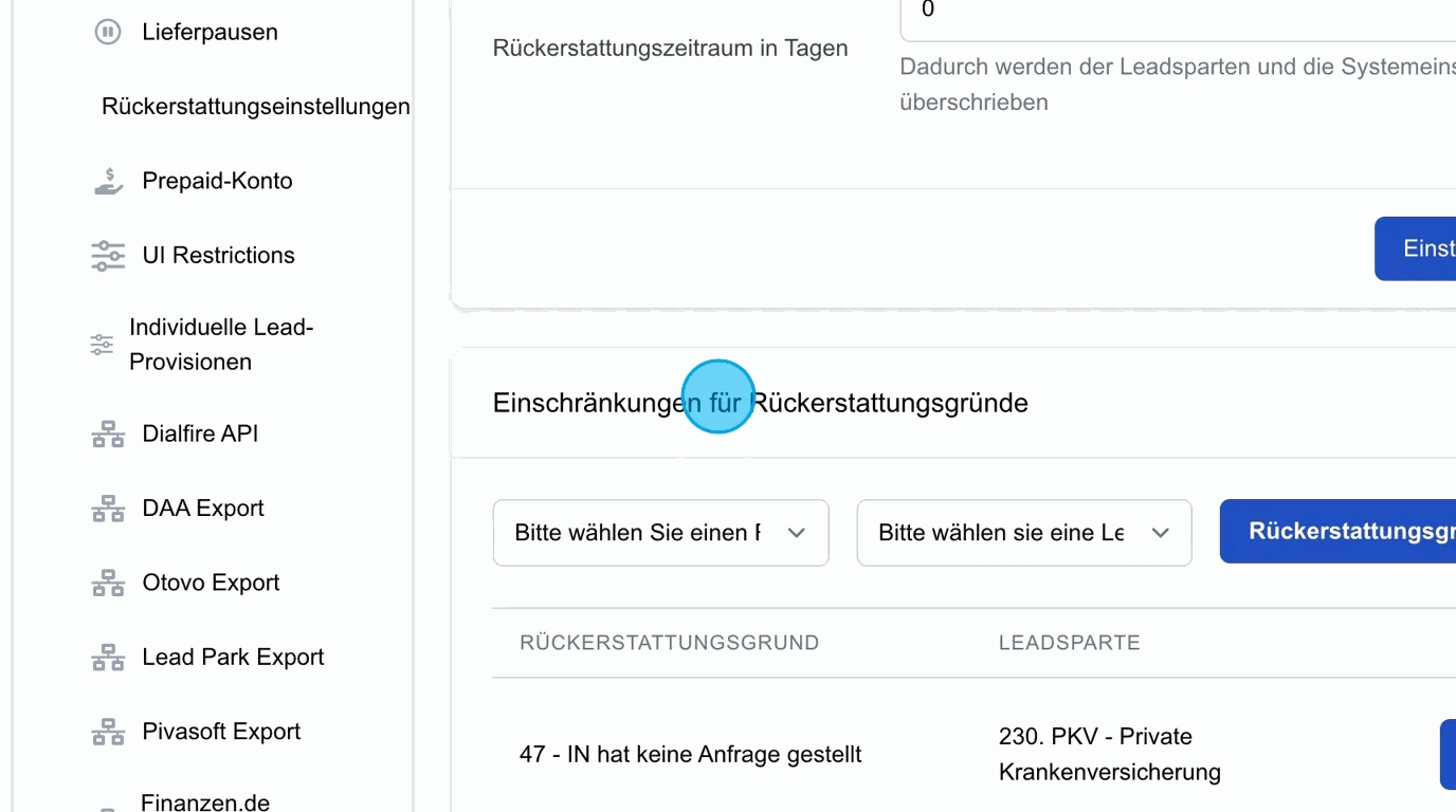 Screenshot: Einschränkungen für Rückerstattungsgründe